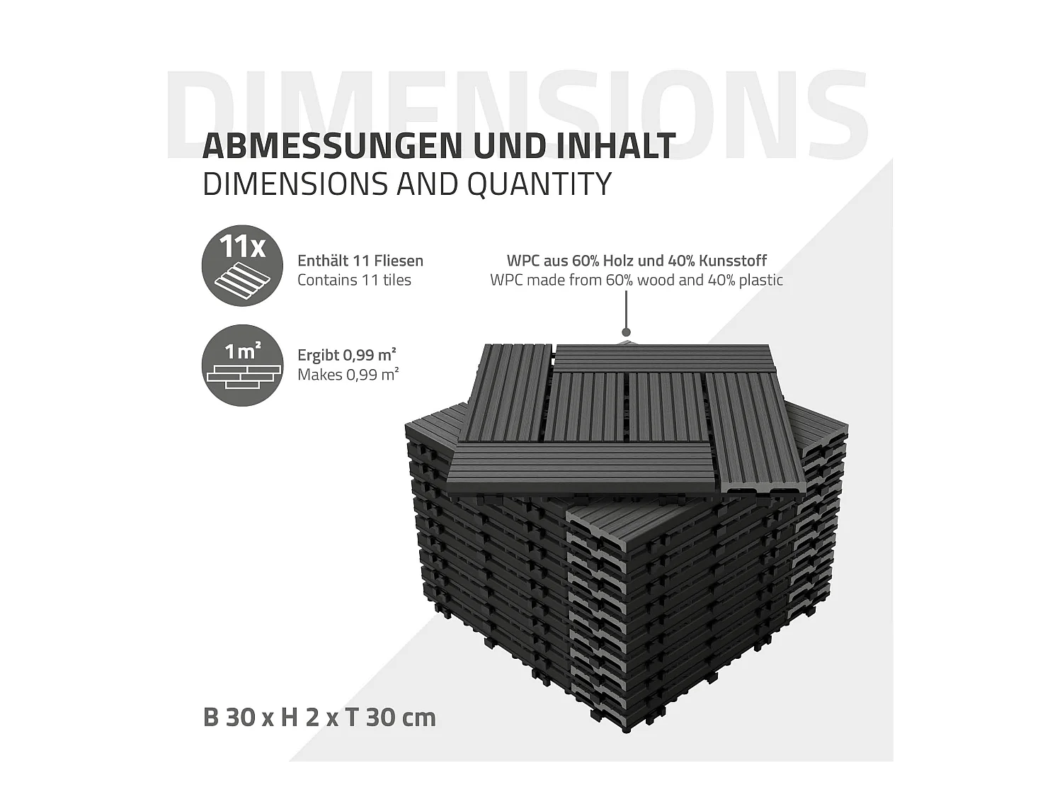 WPC carreaux de sol 30x30 cm 2 m² pour jardin piscine patio mosaïque anthracite