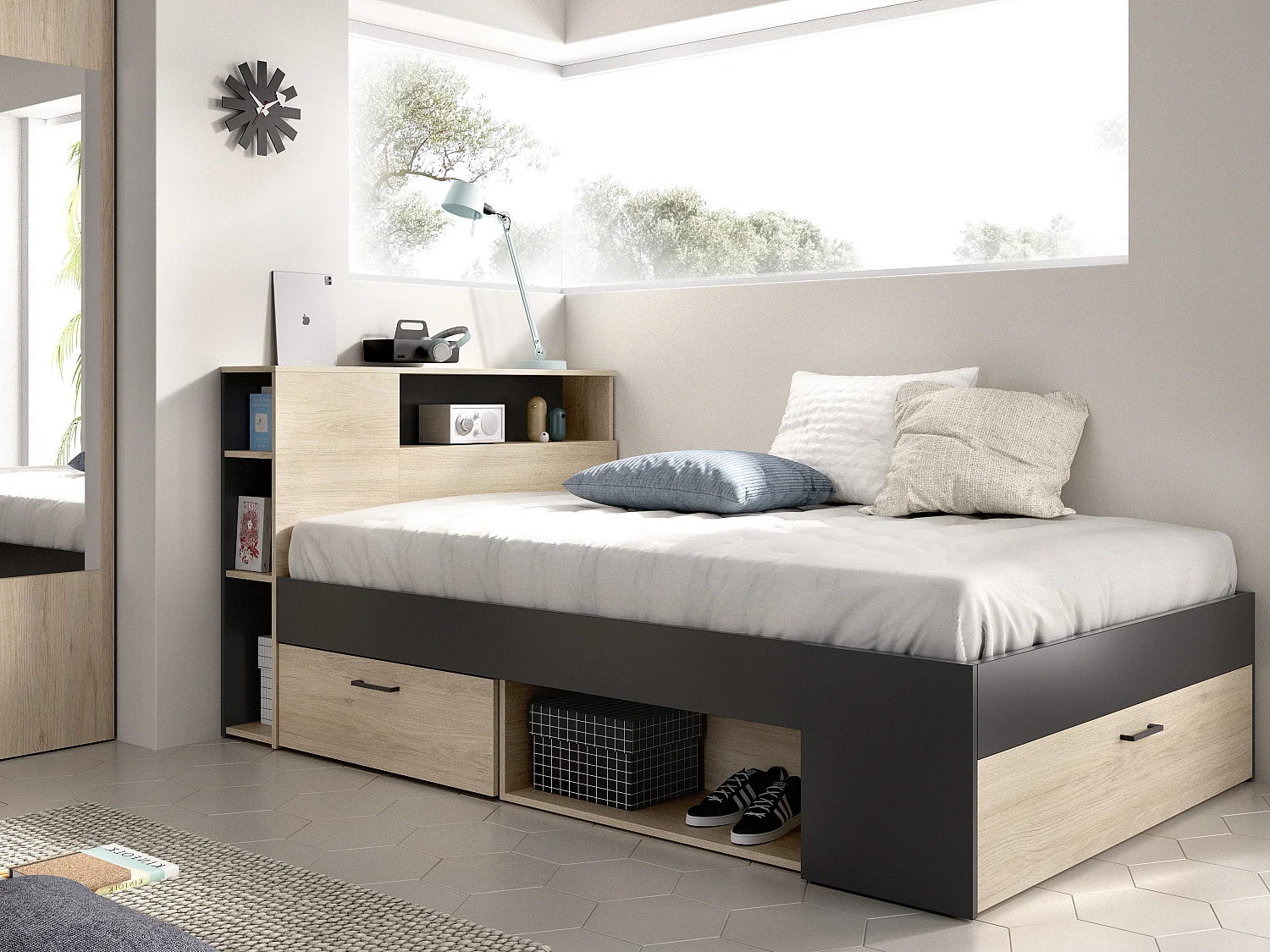Lit avec tête de lit rangements et tiroirs - 120 x 190cm - Coloris : Naturel et anthracite + Sommier - LEANDRE
