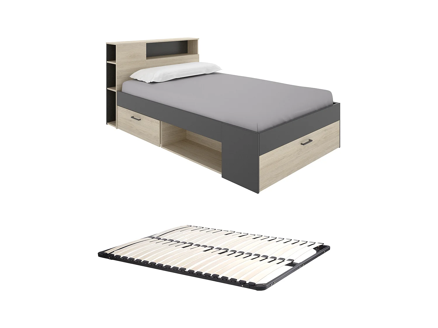 Lit avec tête de lit rangements et tiroirs - 120 x 190cm - Coloris : Naturel et anthracite + Sommier - LEANDRE