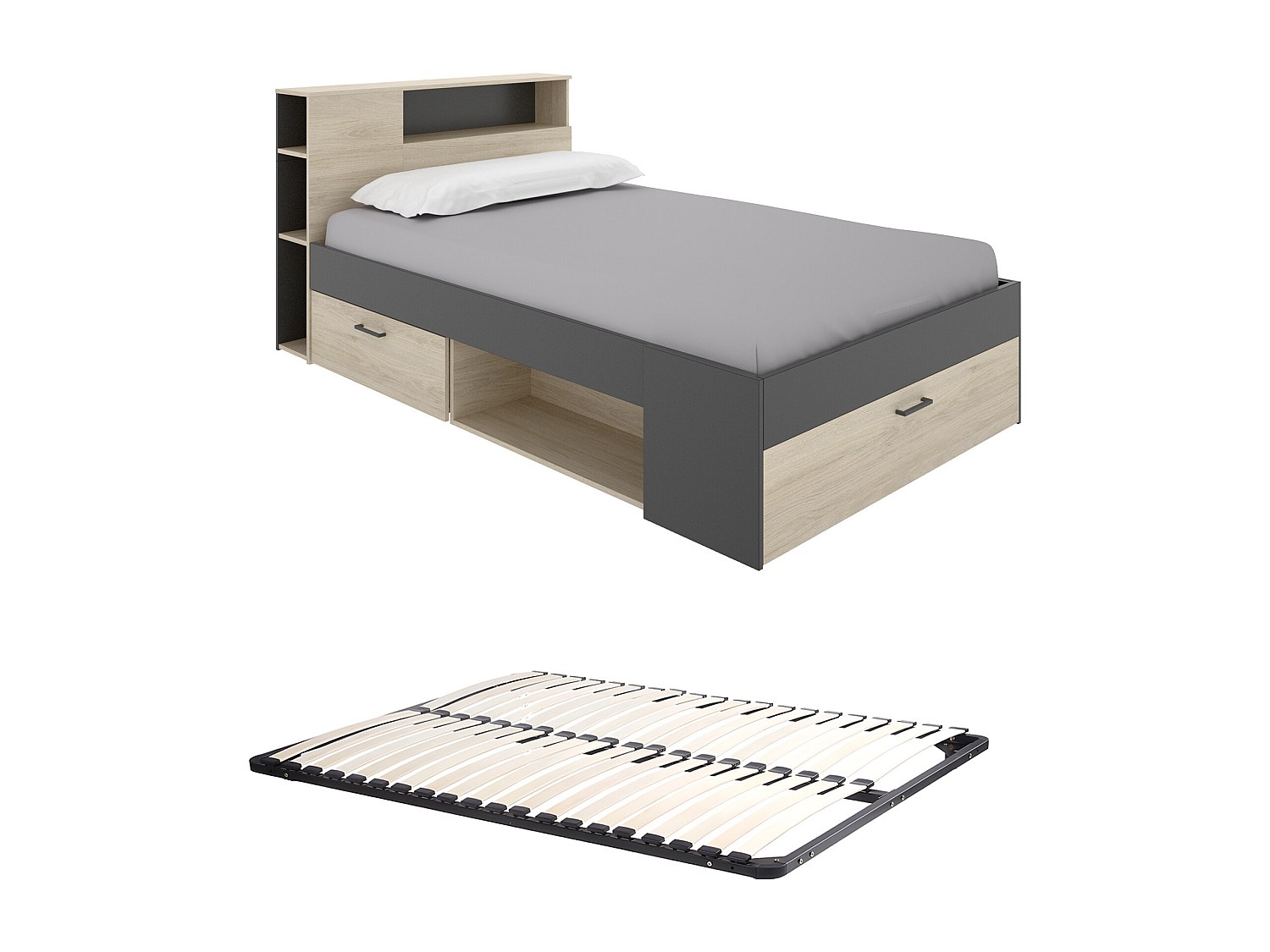 Bett mit Kopfteil, Stauraum & Schubladen - 120 x 190 cm - Holzfarben & Anth günstig online kaufen