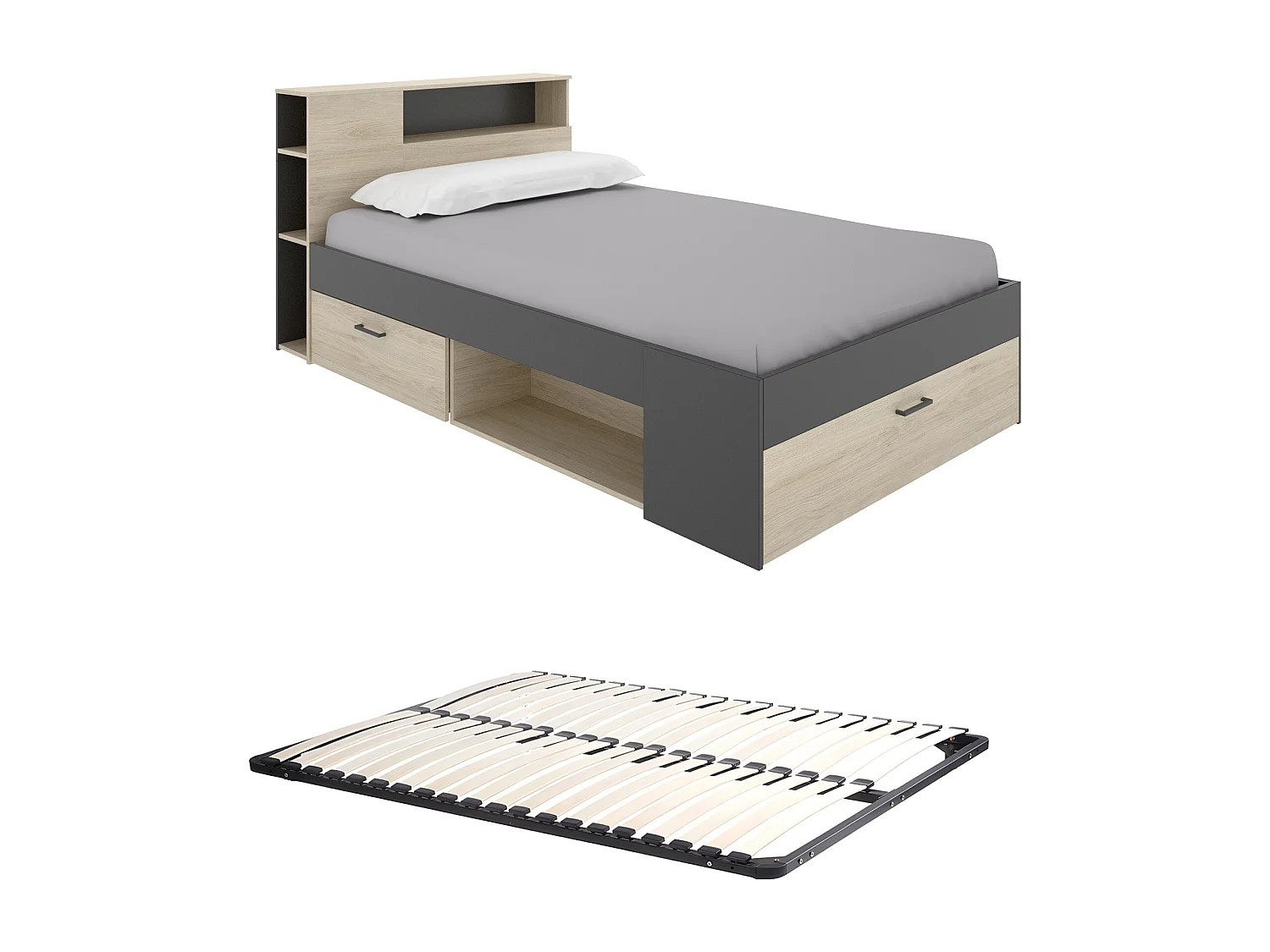 Letto con testata con vani portaoggetti e cassetti 120 x 190 cm Naturale e Antracite + Rete - LEANDRE