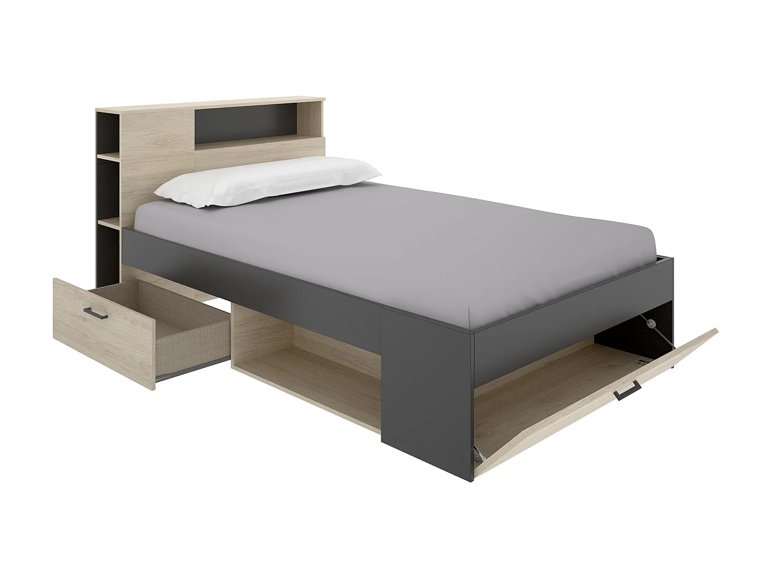 Letto con testata con vani portaoggetti e cassetti 120 x 190 cm Naturale e Antracite + Rete - LEANDRE