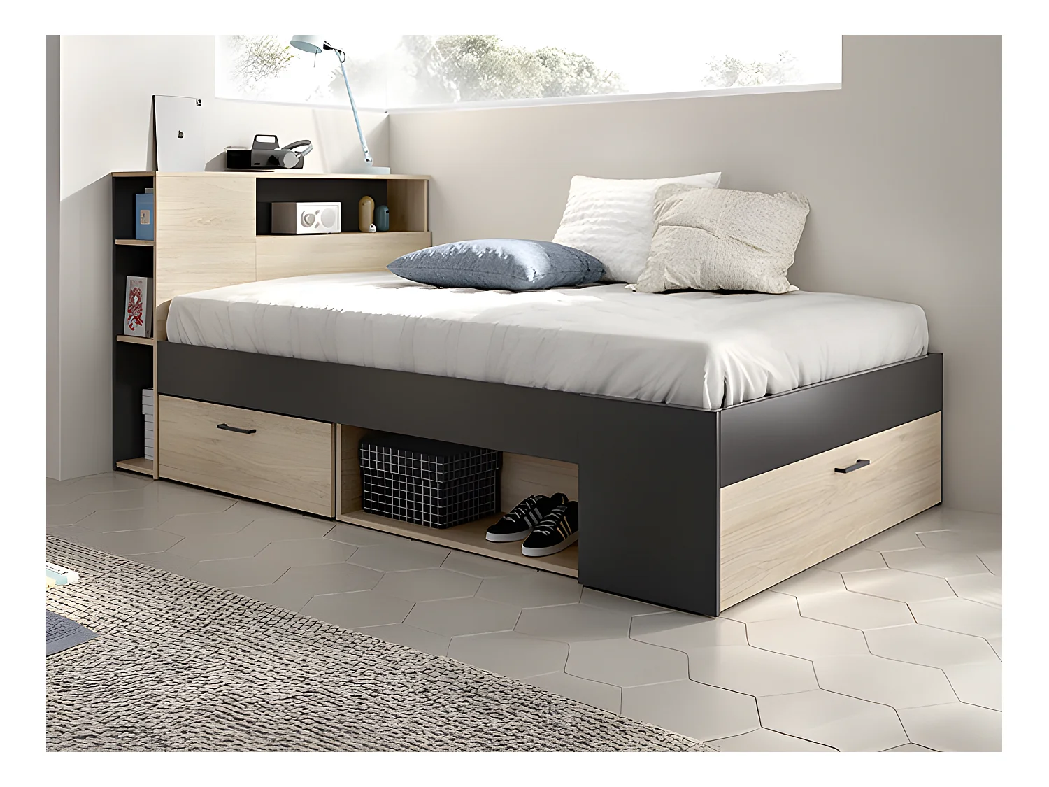 Lit avec tête de lit rangements et tiroirs - 120 x 190cm - Coloris : Naturel et anthracite + Sommier + Matelas - LEANDRE