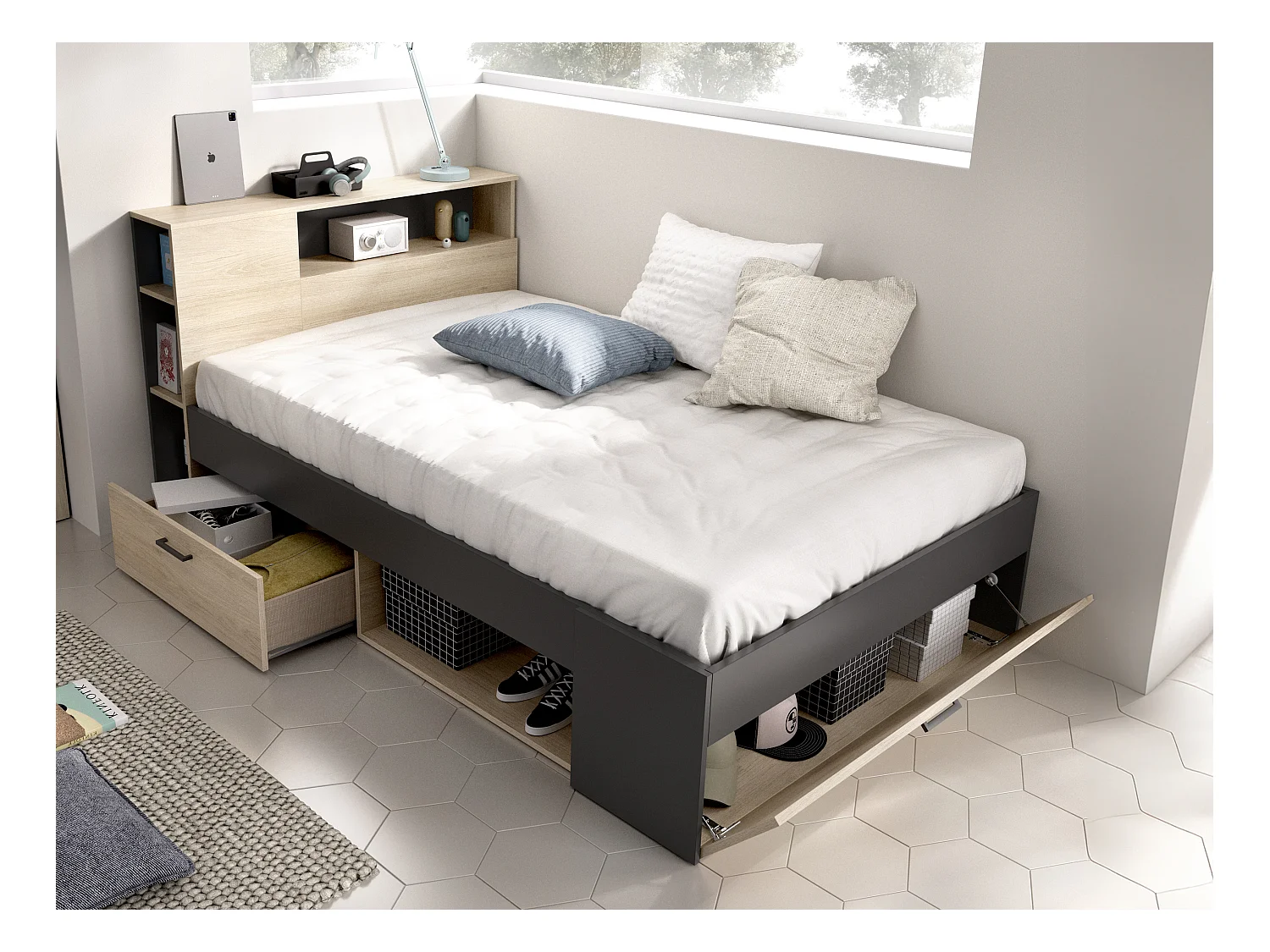 Lit avec tête de lit rangements et tiroirs - 120 x 190cm - Coloris : Naturel et anthracite + Sommier + Matelas - LEANDRE