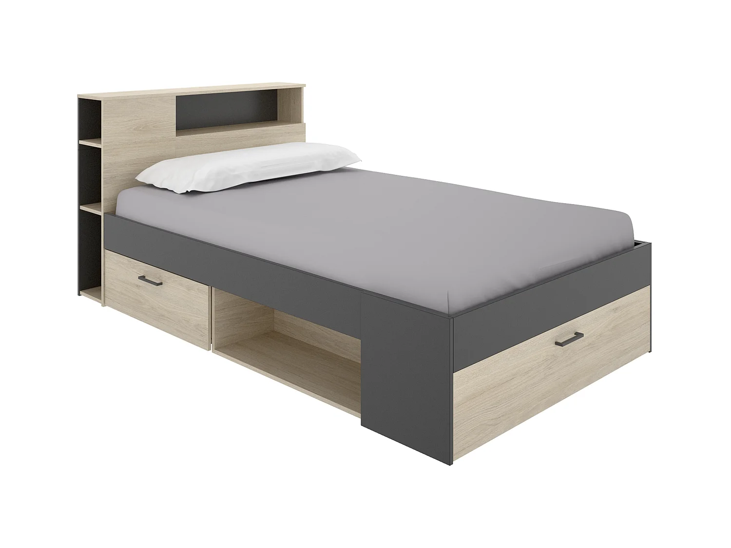 Lit avec tête de lit rangements et tiroirs - 120 x 190cm - Coloris : Naturel et anthracite + Sommier + Matelas - LEANDRE