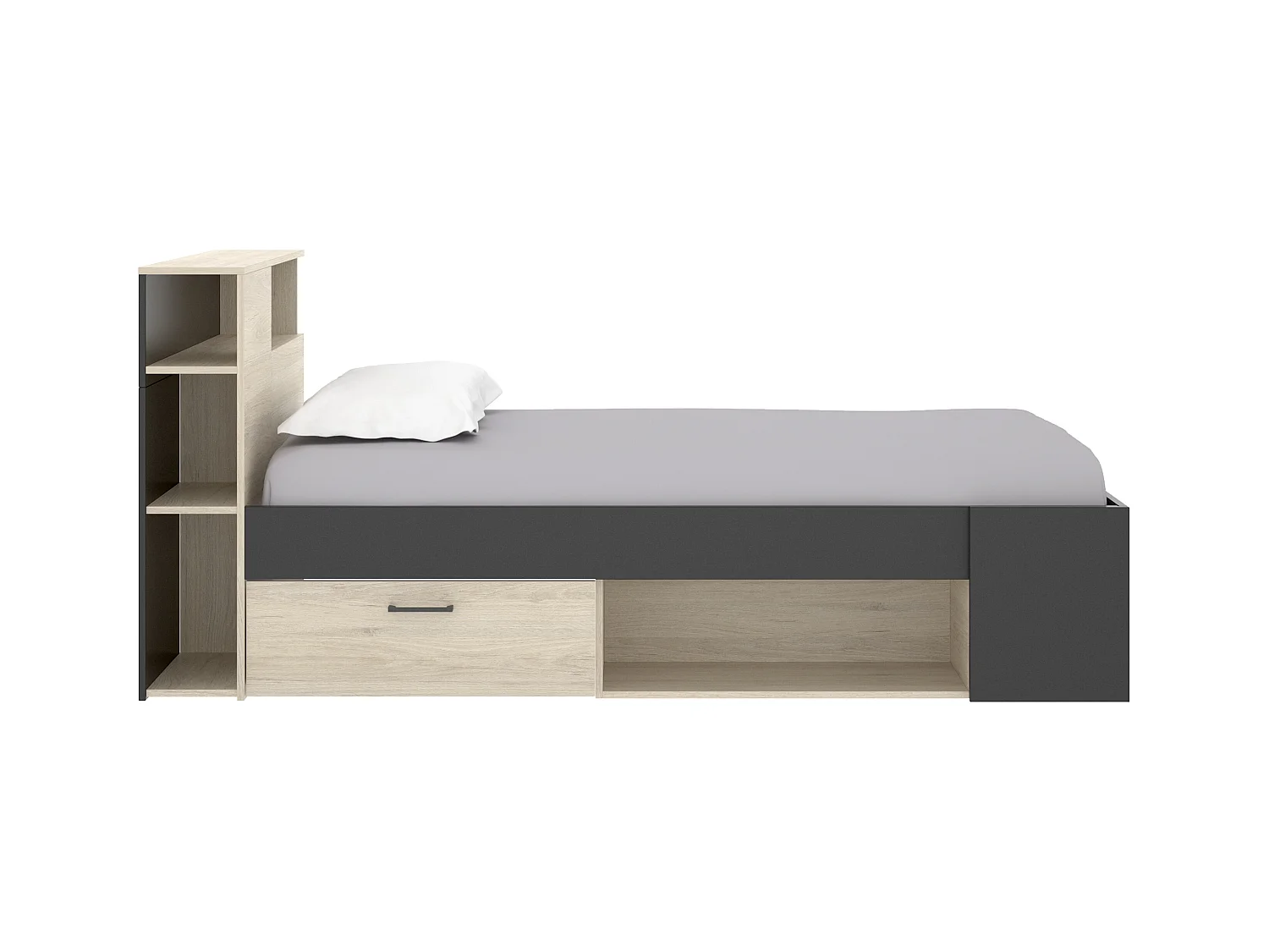 Lit avec tête de lit rangements et tiroirs - 120 x 190cm - Coloris : Naturel et anthracite + Sommier + Matelas - LEANDRE