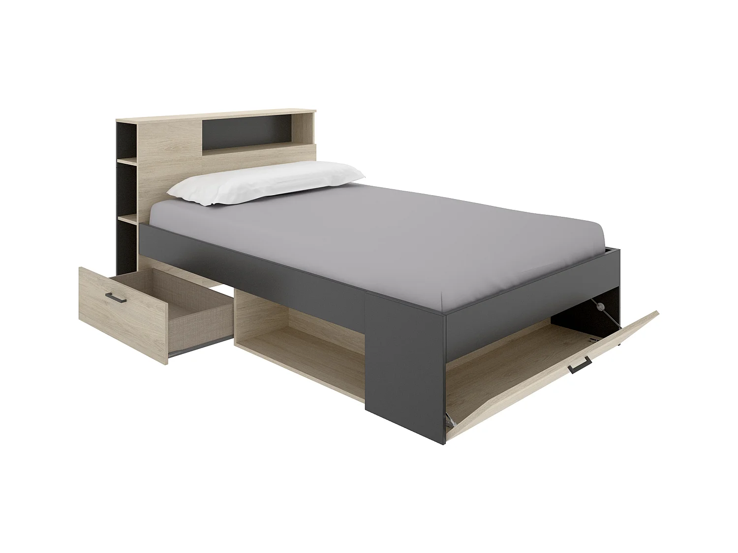Lit avec tête de lit rangements et tiroirs - 120 x 190cm - Coloris : Naturel et anthracite + Sommier + Matelas - LEANDRE