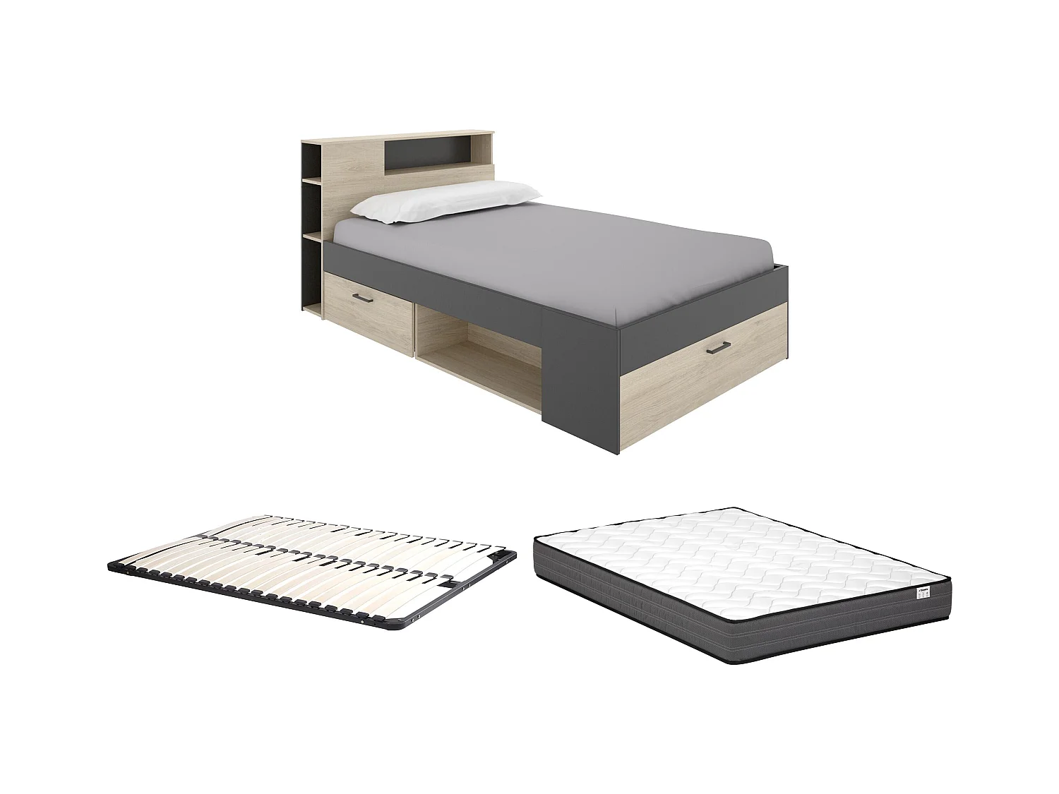 Lit avec tête de lit rangements et tiroirs - 120 x 190cm - Coloris : Naturel et anthracite + Sommier + Matelas - LEANDRE