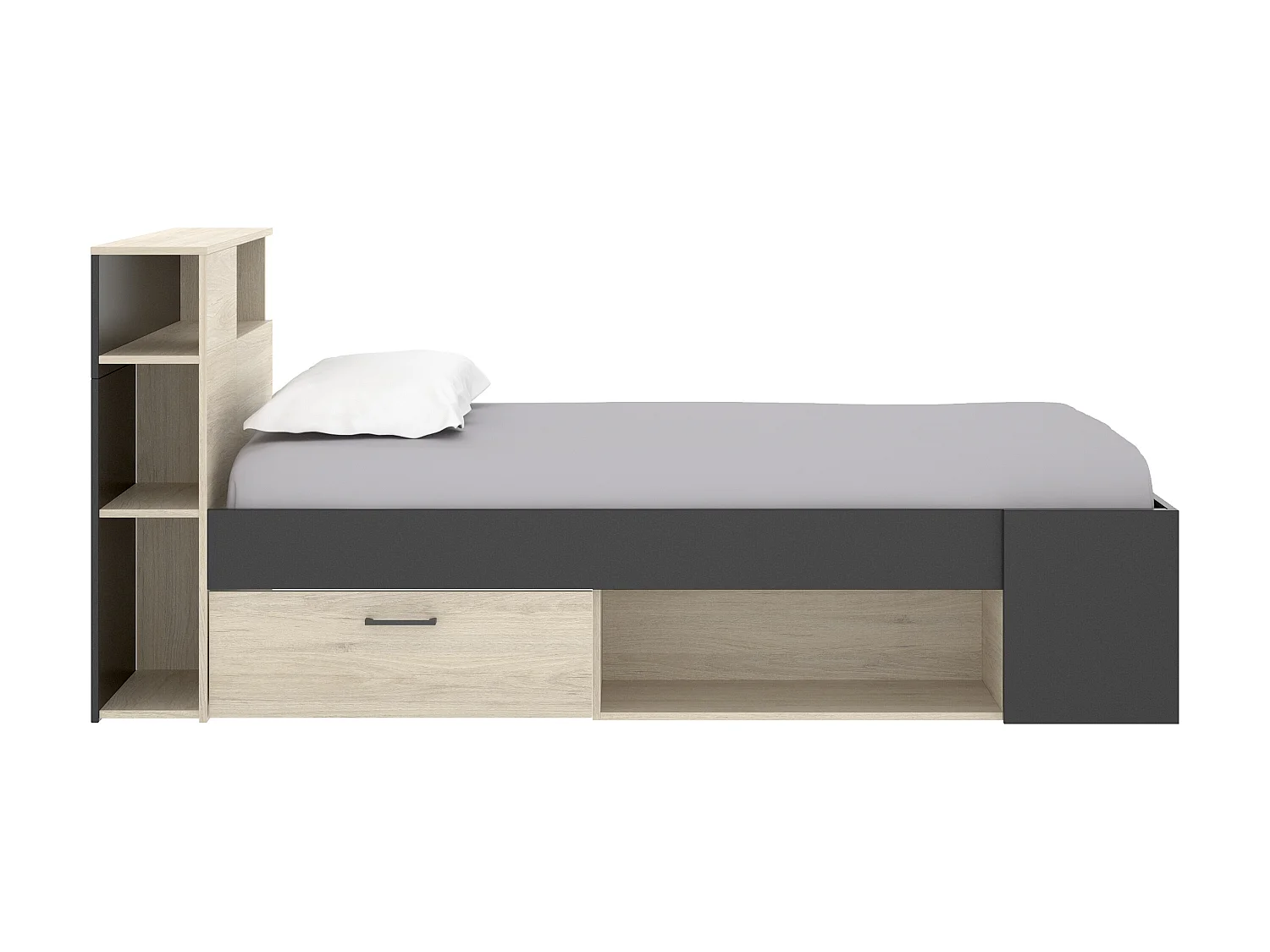 Lit avec tête de lit rangements et tiroirs - 120 x 190cm - Coloris : Naturel et anthracite + Sommier + Matelas - LEANDRE
