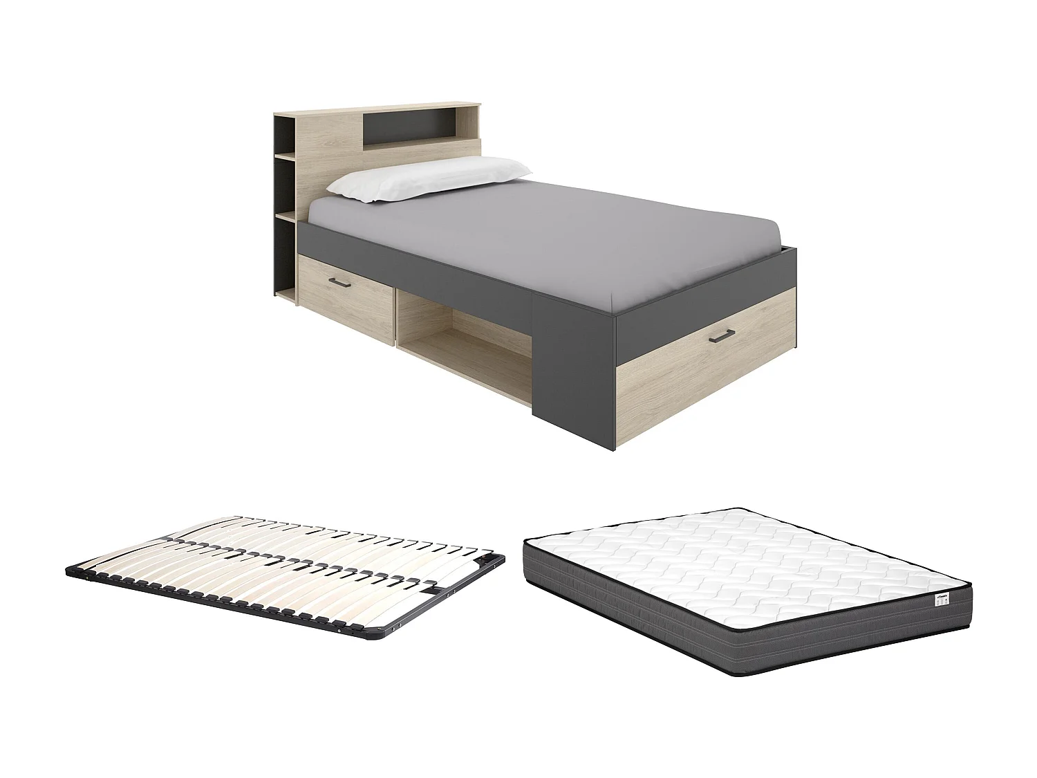 Lit avec tête de lit rangements et tiroirs - 120 x 190cm - Coloris : Naturel et anthracite + Sommier + Matelas - LEANDRE
