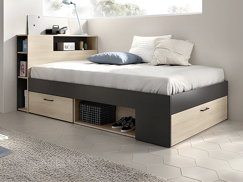 Lit avec tête de lit rangements et tiroirs - 120 x 190cm - Coloris : Naturel et anthracite + Sommier + Matelas - LEANDRE
