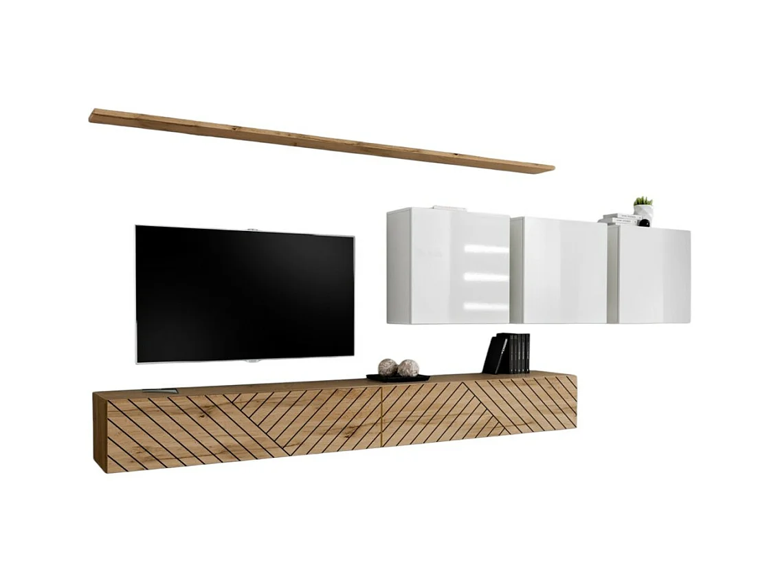 Ensemble salon SWITCH VII – Chêne finitions fraisées & blanc brillant – Design moderne & fonctionnel