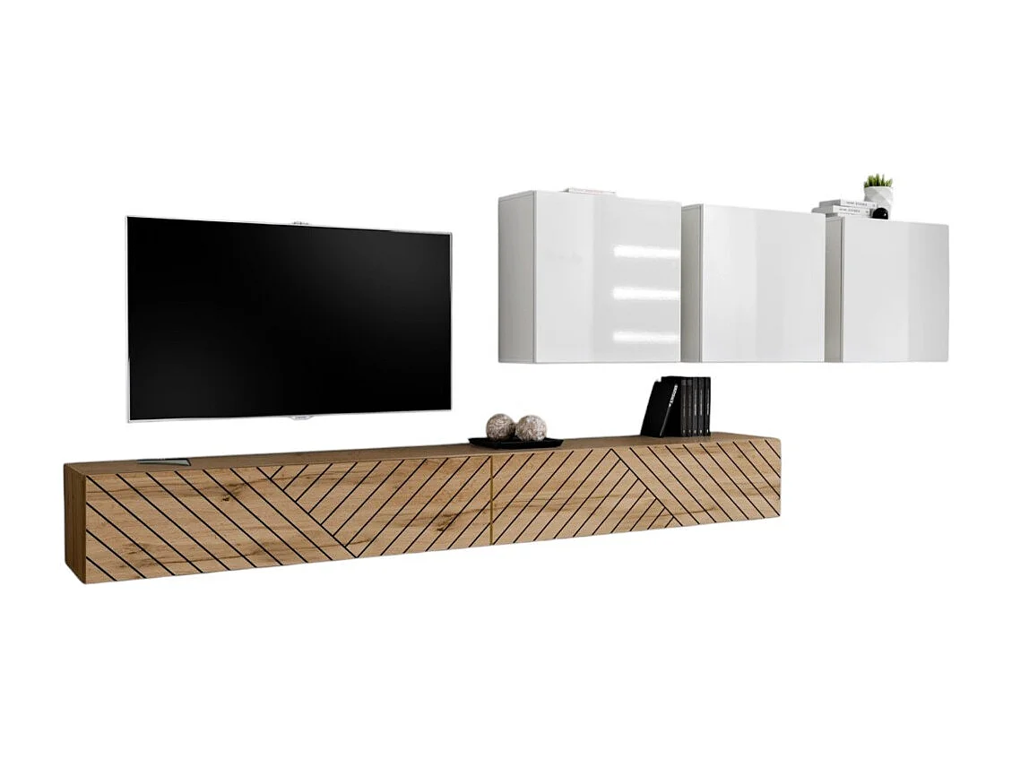 Ensemble salon SWITCH VII – Chêne finitions fraisées & blanc brillant – Design moderne & fonctionnel