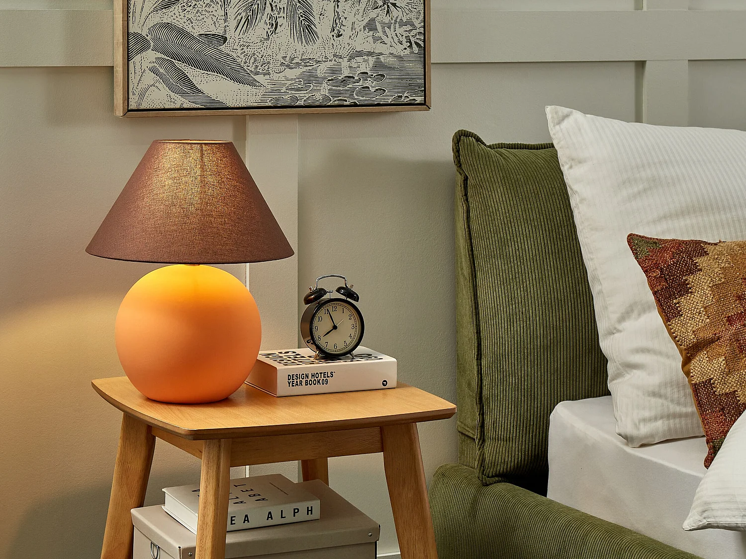 Nachttischlampe mit Keramiksockel orange Terrakotta Beleuchtung mit Leinenschirm Trommelform Limia