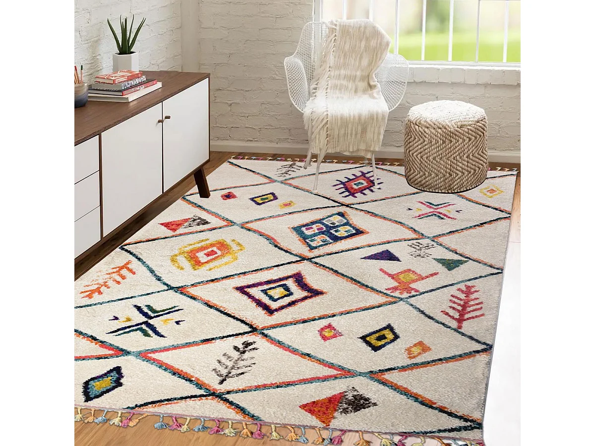 Tapis berbère 200x290 tissé motifs tribaux LYN5 OURIKA beige et rouge