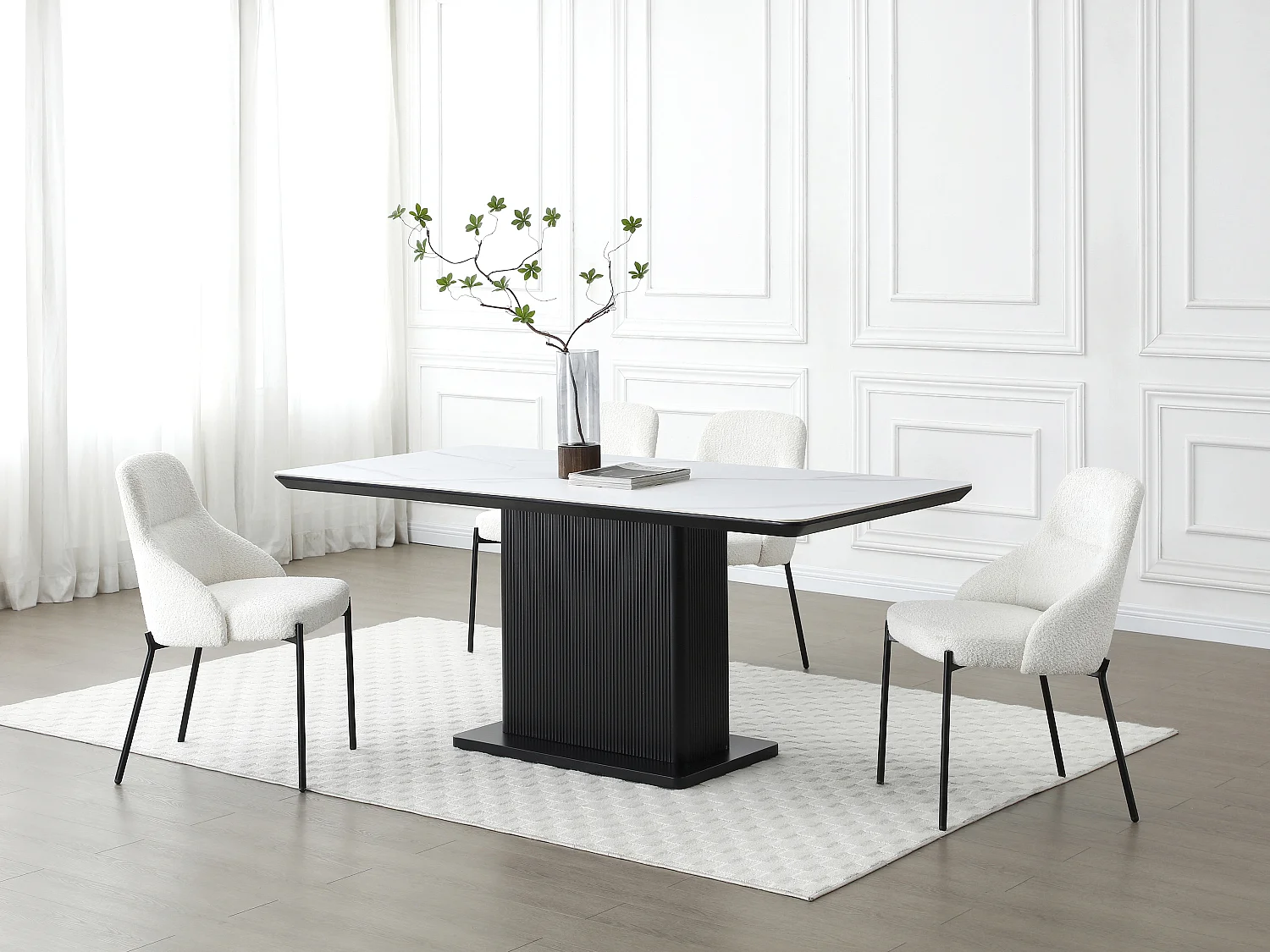 Table à manger 6 personnes en céramique et MDF - Effet marbre blanc et Noir - LAOMINIA