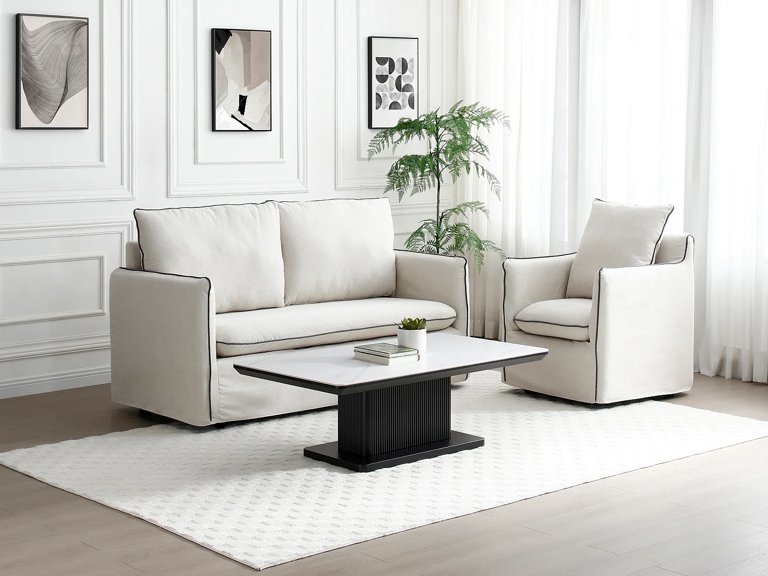 Table basse en céramique et MDF - Effet marbre blanc et Noir - LAOMINIA