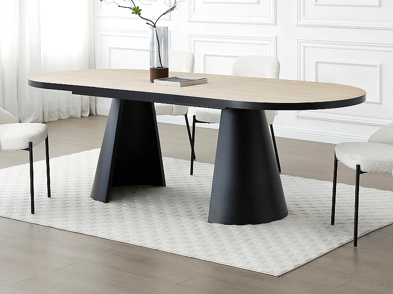 Table à manger extensible 6 à 10 personnes en MDF et métal - Naturel clair et Noir - KORIZEA