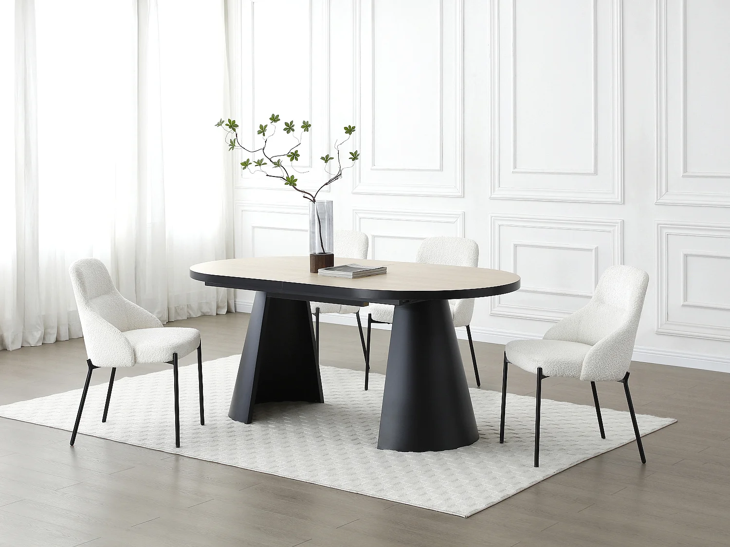 Uitschuifbare eettafel 6 tot 10 plaatsen van mdf en metaal - Licht naturel en zwart - KORIZEA