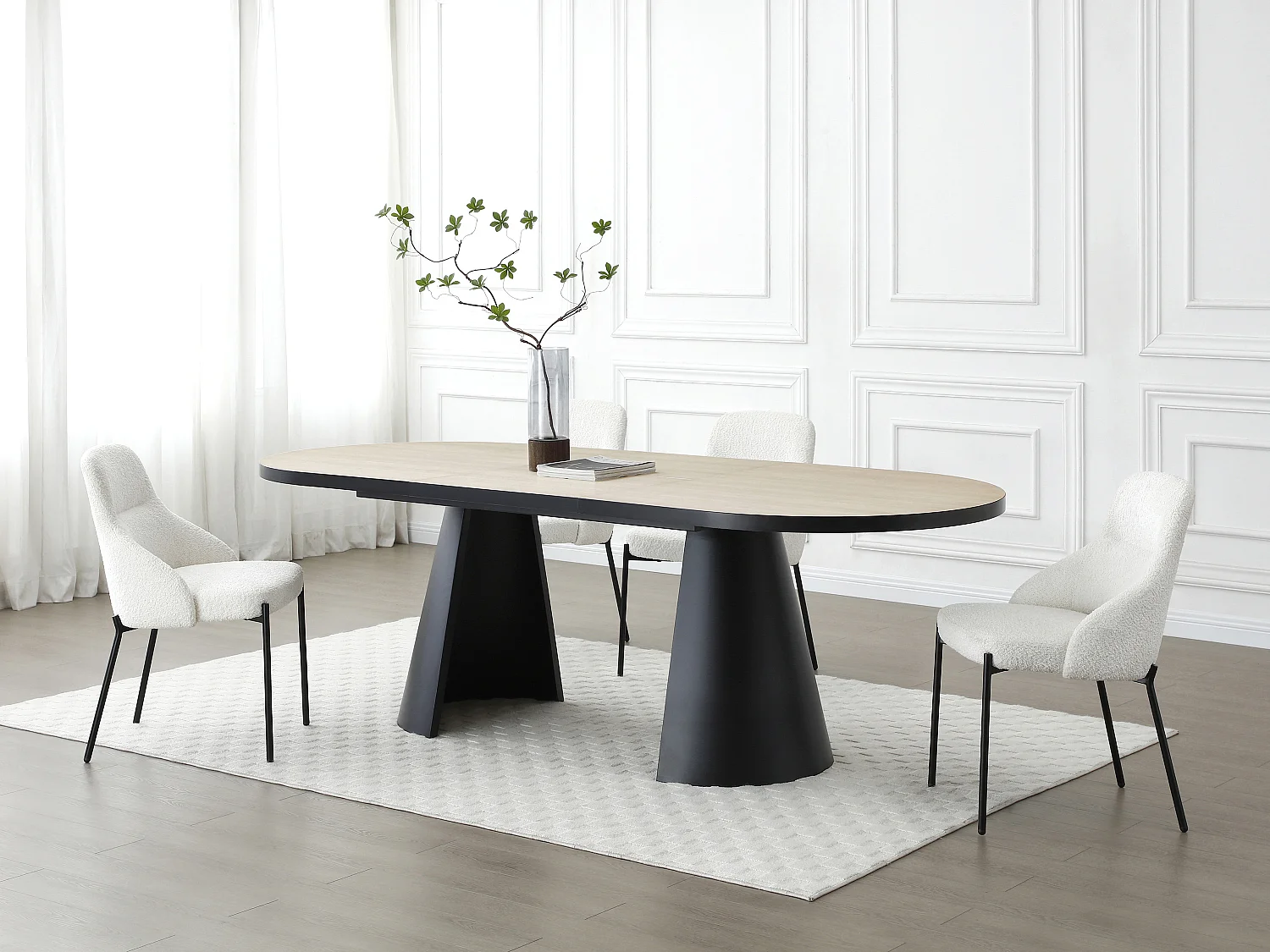 Uitschuifbare eettafel 6 tot 10 plaatsen van mdf en metaal - Licht naturel en zwart - KORIZEA