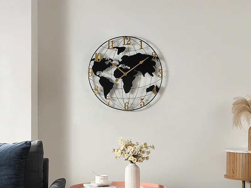 Reloj de pared mapamundi de metal - D.60 cm - Negro y dorado - WORDIA