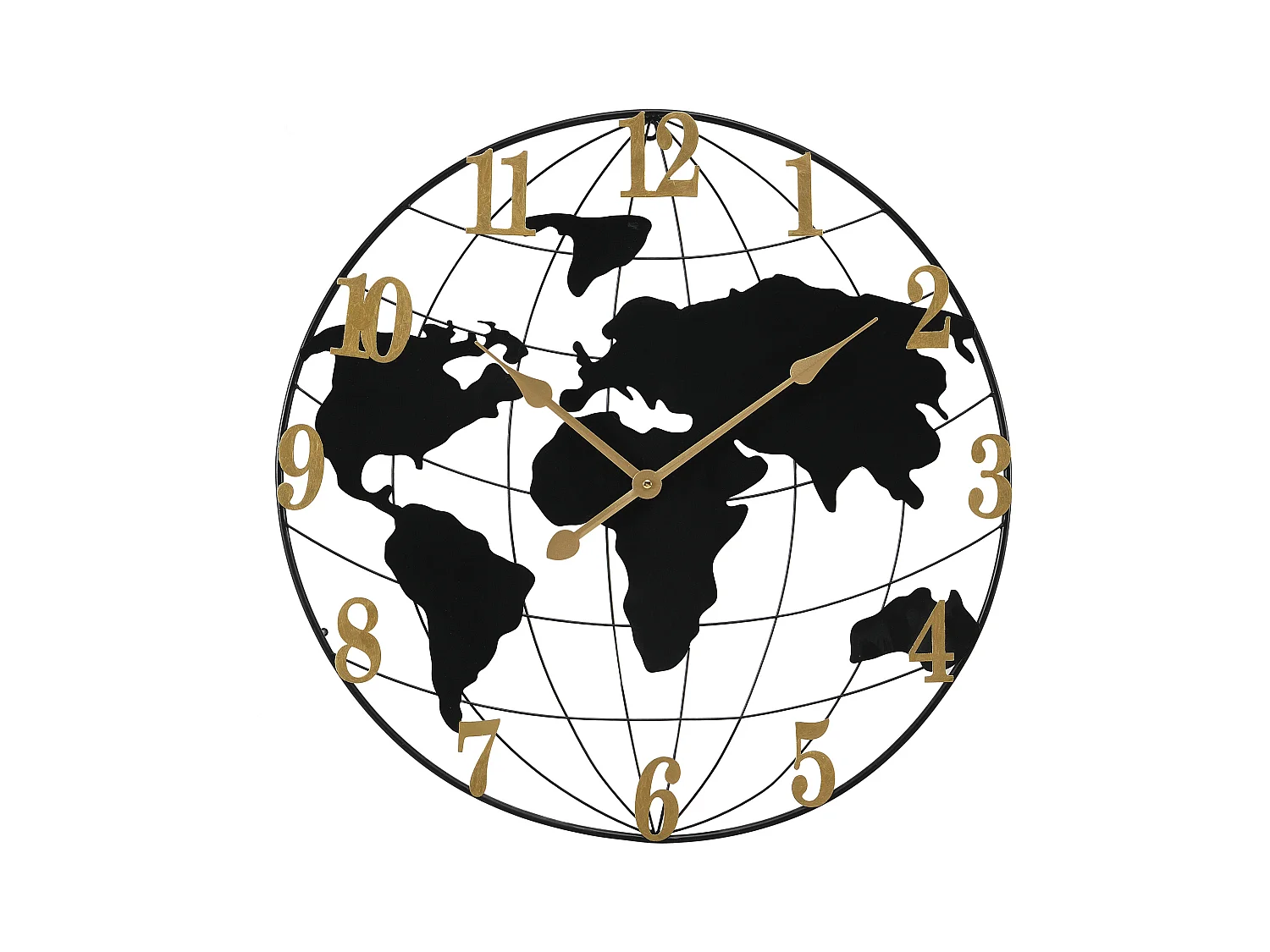 Reloj de pared mapamundi de metal - D.60 cm - Negro y dorado - WORDIA