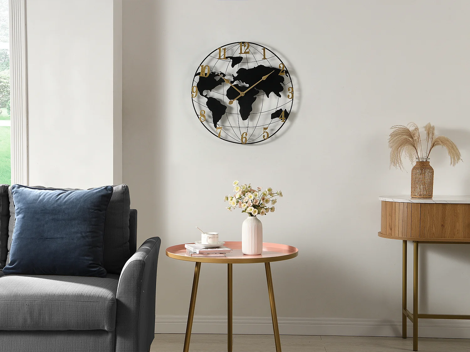 Horloge murale map monde en métal - D.60 cm - Noir et doré - WORDIA