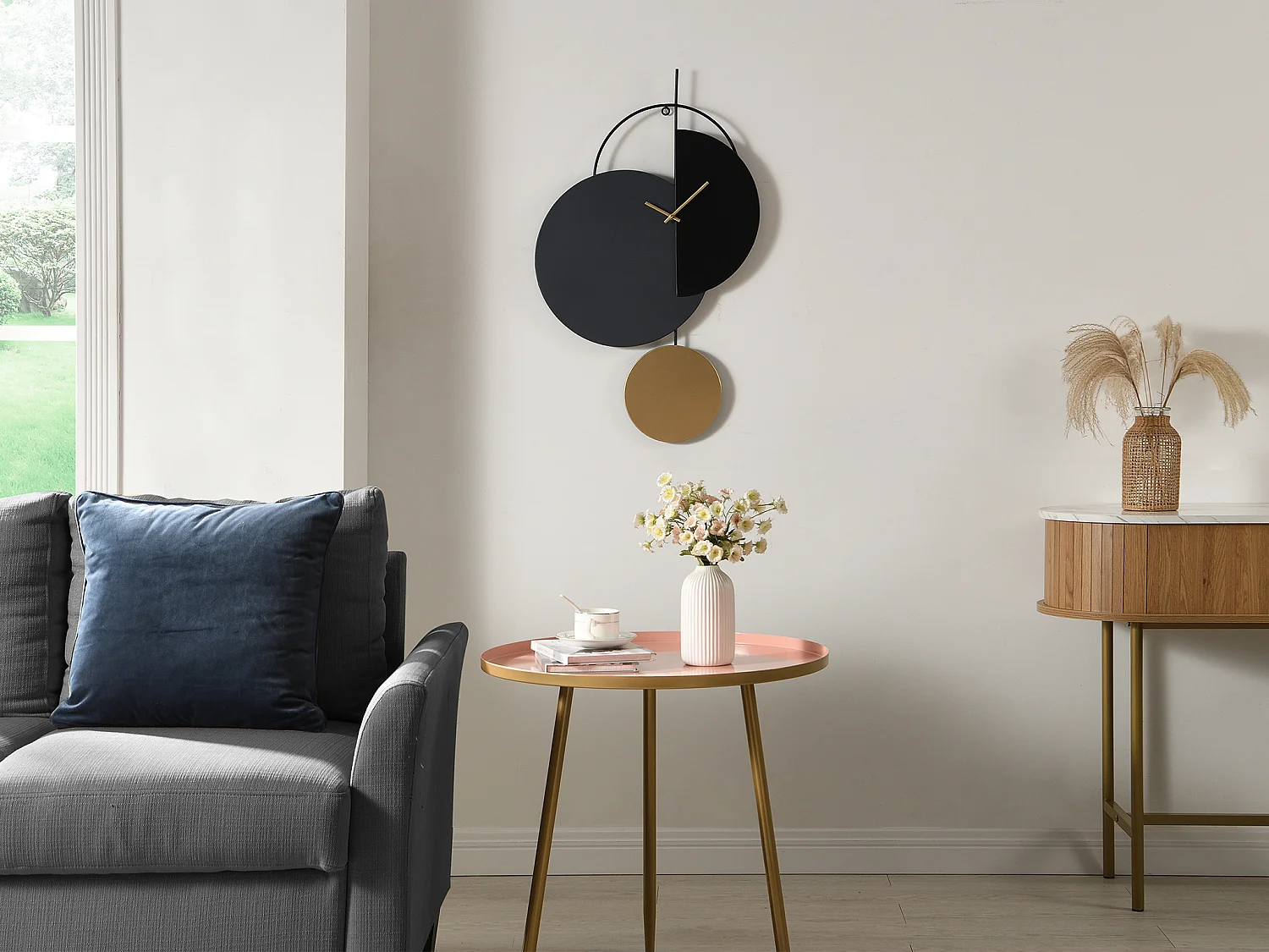 Design-Wanduhr - Metall - 45 x 77 cm - Schwarz, Grau & Goldfarben - FERNIA