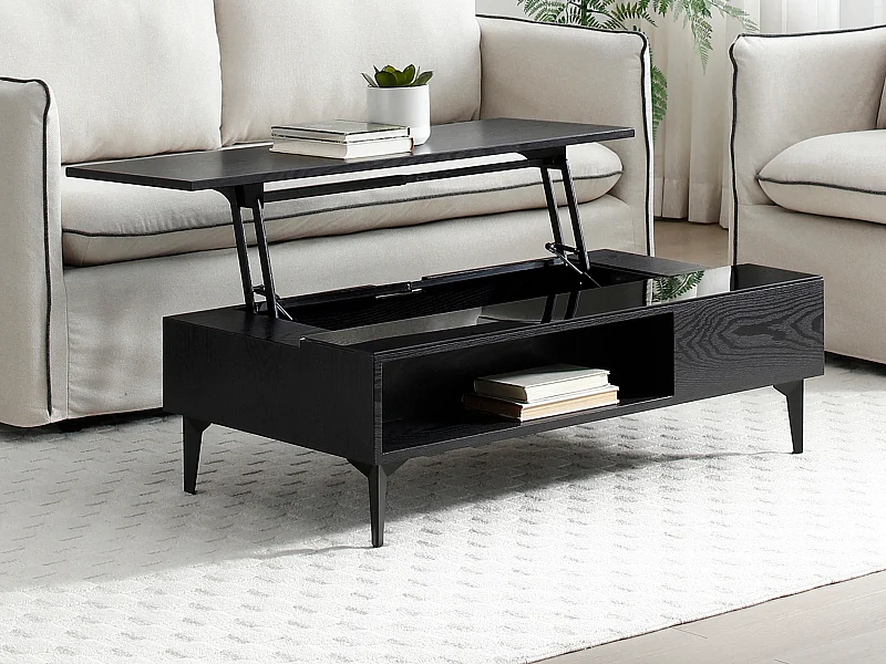 Table basse avec plateau relevable et 1 niche en MDF et verre - Noir - SIDELIA