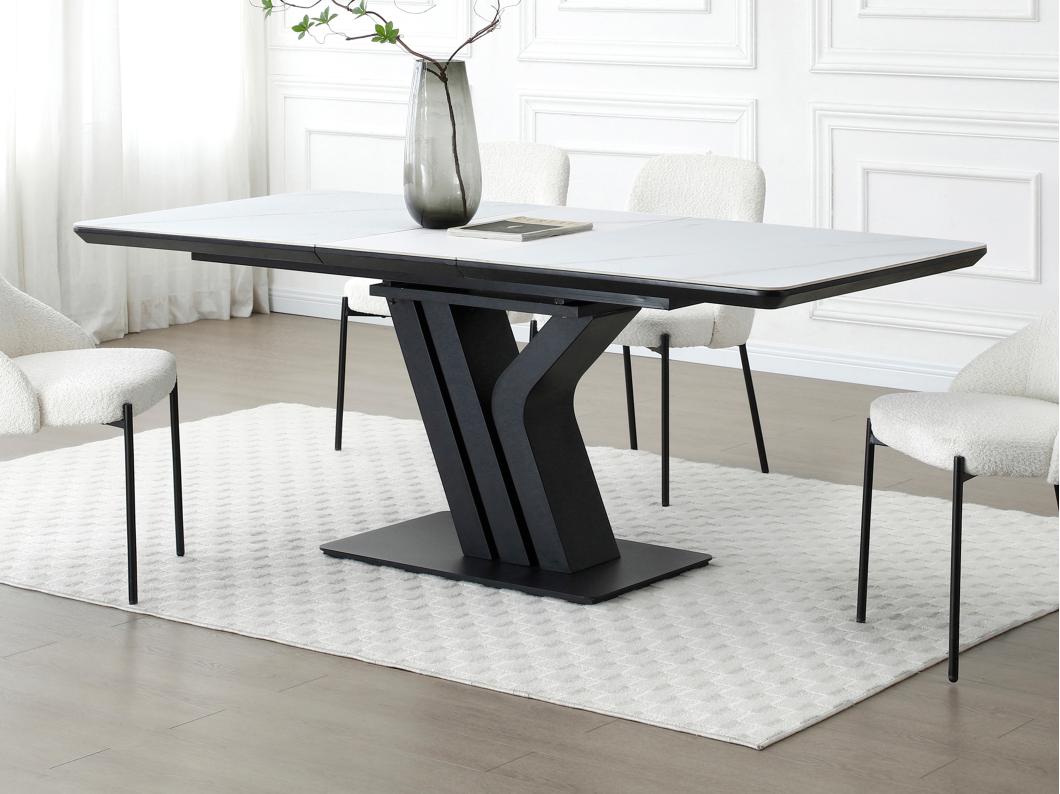 Table à manger extensible 6 à 8 personnes en céramique, MDF et métal - Effet marbre blanc et Noir - MERIANI