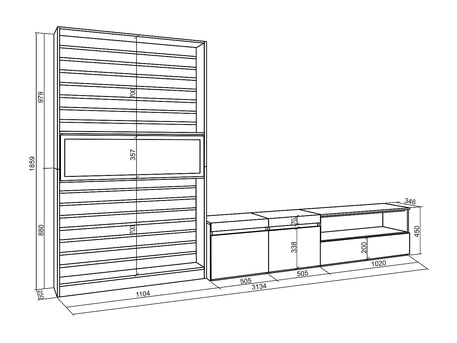 Wohnwand Wohnzimmer, 310x35x186cm, Für TV-Geräte bis zu 80", Elektrokamin, Eiche Schwarz
