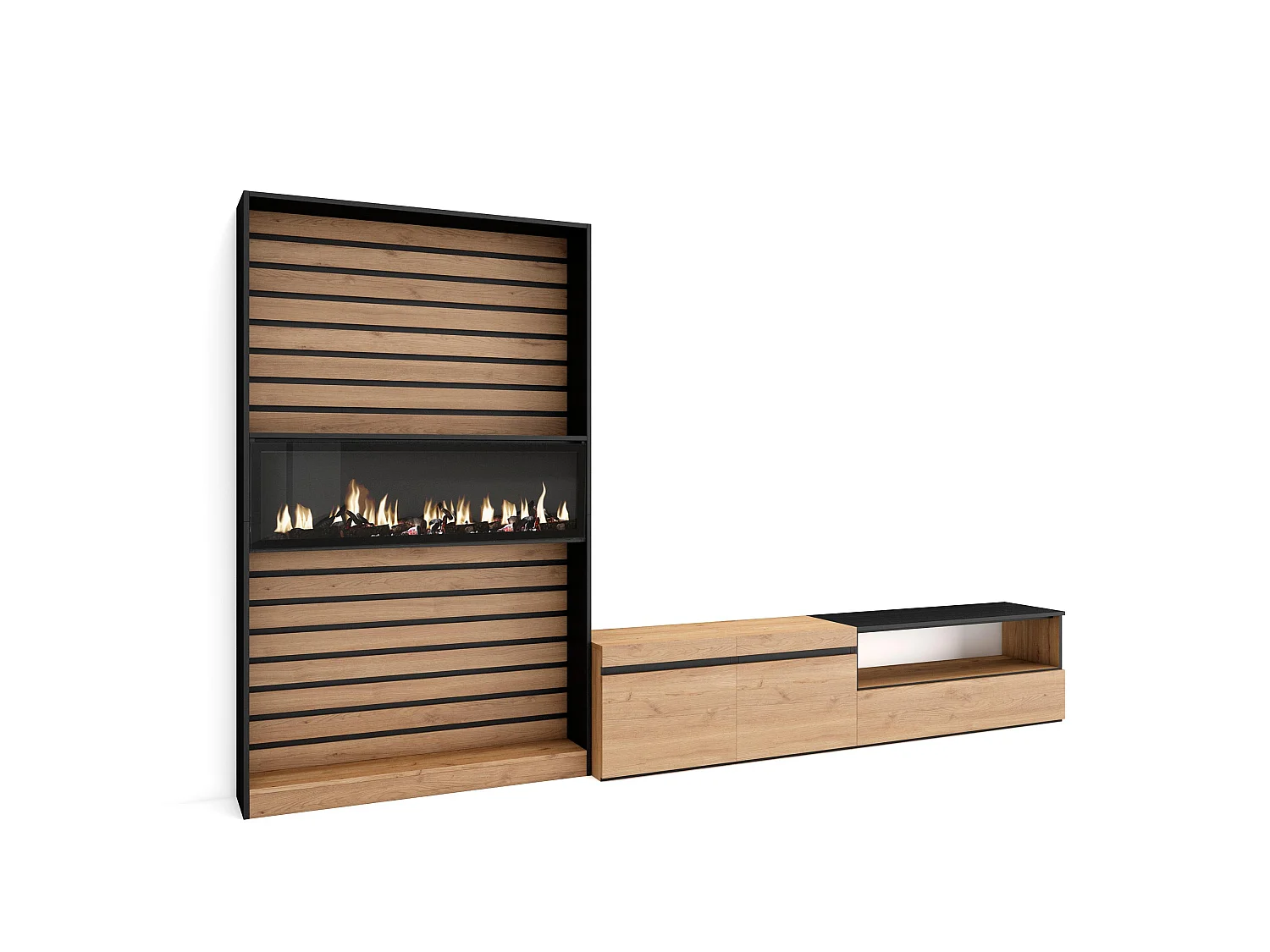 Meubels voor woonkamer, 310x35x186cm, Voor tv's tot 80", Elektrische haard, Eiken/Zwart