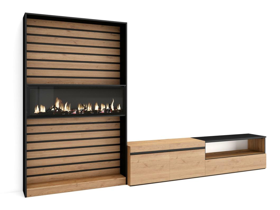 Meubels voor woonkamer, 310x186x35cm, Voor tv's tot 80", Elektrische haard, Eiken/Zwart