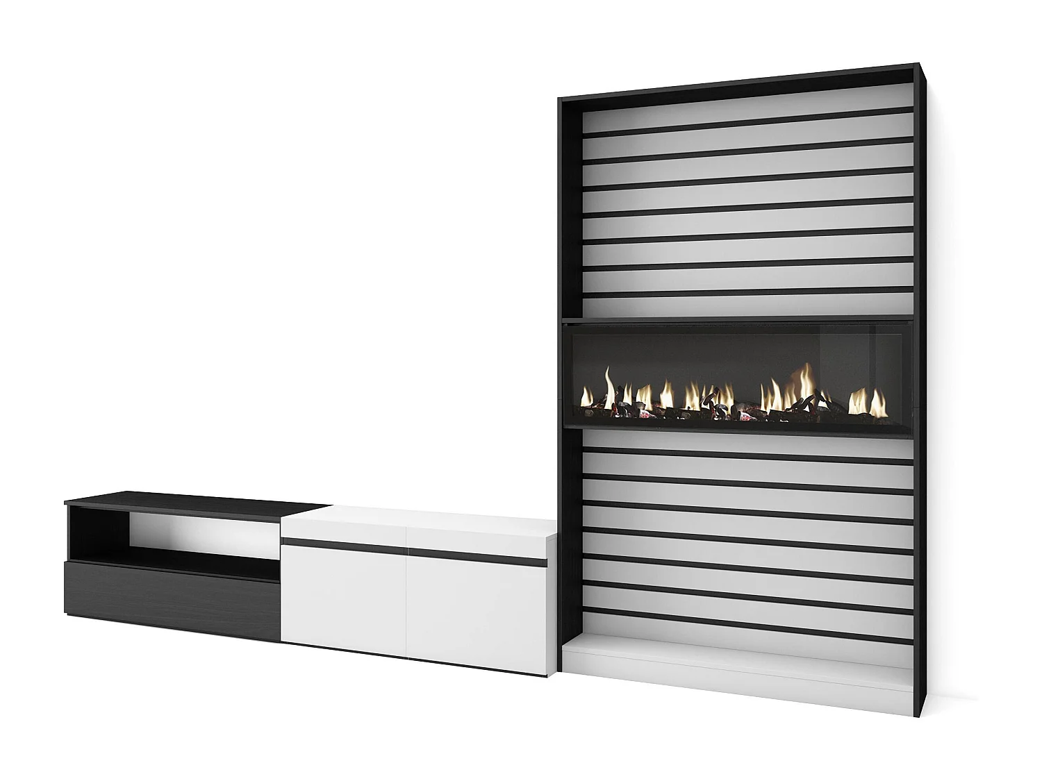 Ensemble Meuble TV, 310x35x186cm, Pour les TV jusqu'à 80", Cheminée électrique, Blanc et noir