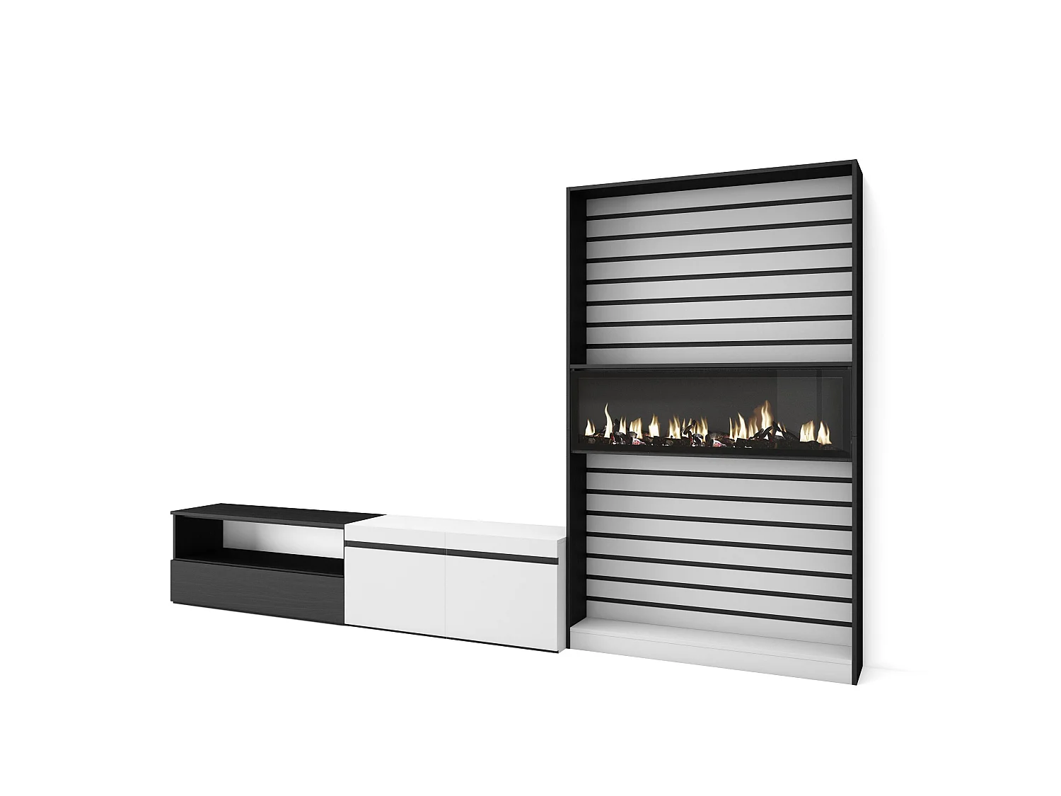 Wohnwand Wohnzimmer, 310x35x186cm, Für TV-Geräte bis zu 80", Elektrokamin, Weiß und Schwarz