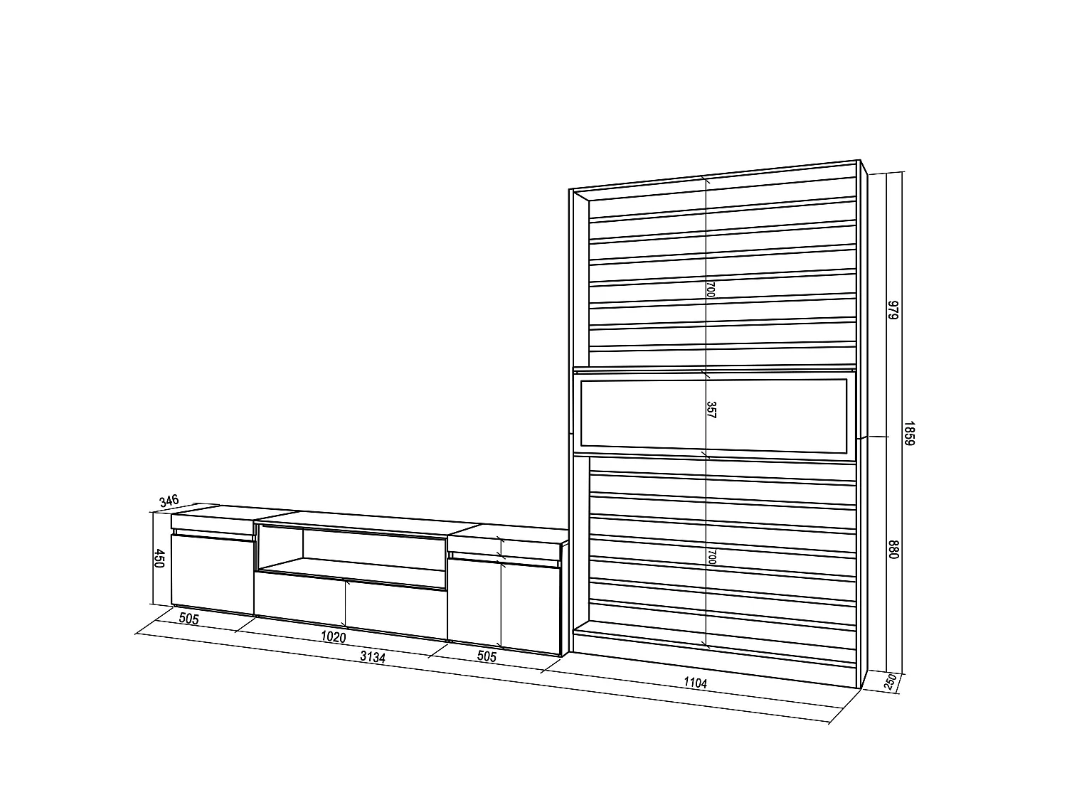 Wohnwand Wohnzimmer, 310x35x186cm, Für TV-Geräte bis zu 80", Elektrokamin, Weiß und Schwarz