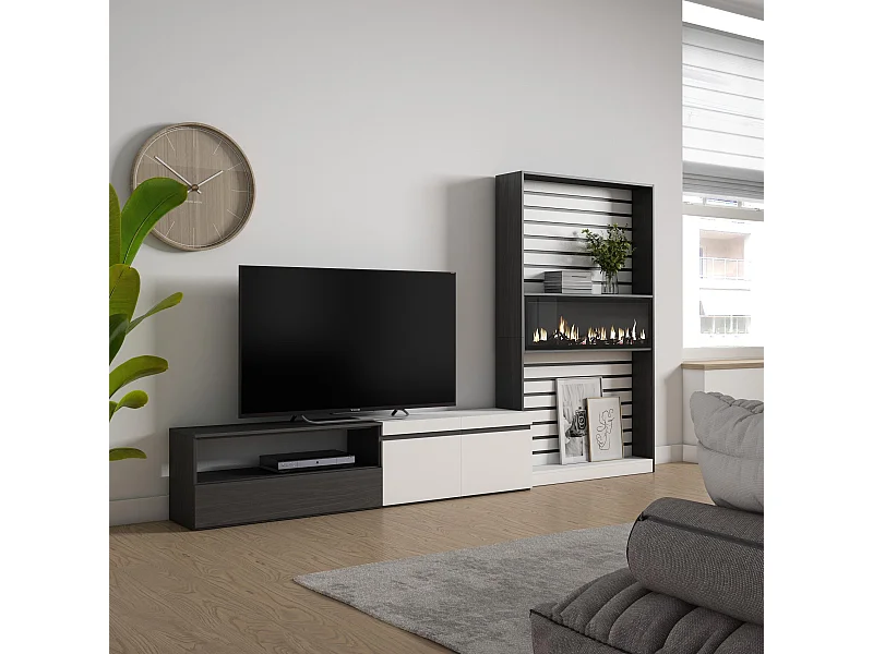 Ensemble Meuble TV, 310x35x186cm, Pour les TV jusqu'à 80", Cheminée électrique, Blanc et noir