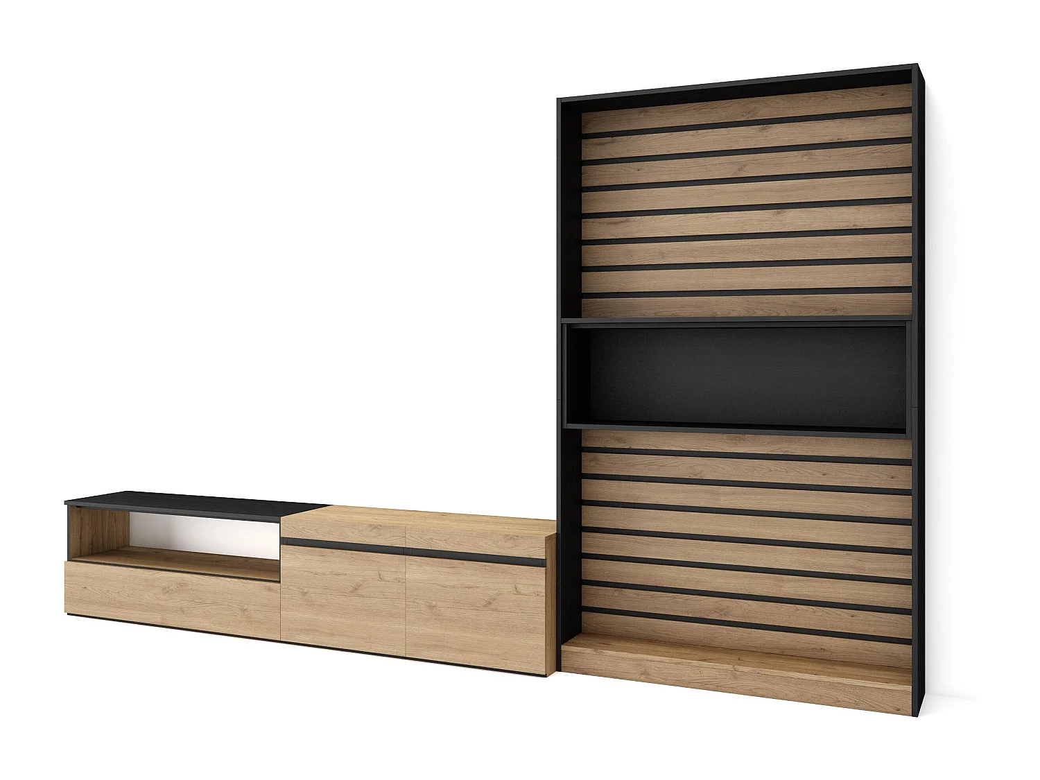 Conjunto de móveis TV, 310x35x186cm, Para televisores até 80", Estante para TV, Carvahlo e preto