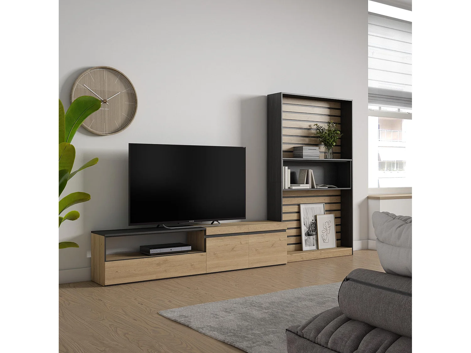 Conjunto de móveis TV, 310x35x186cm, Para televisores até 80", Estante para TV, Carvahlo e preto
