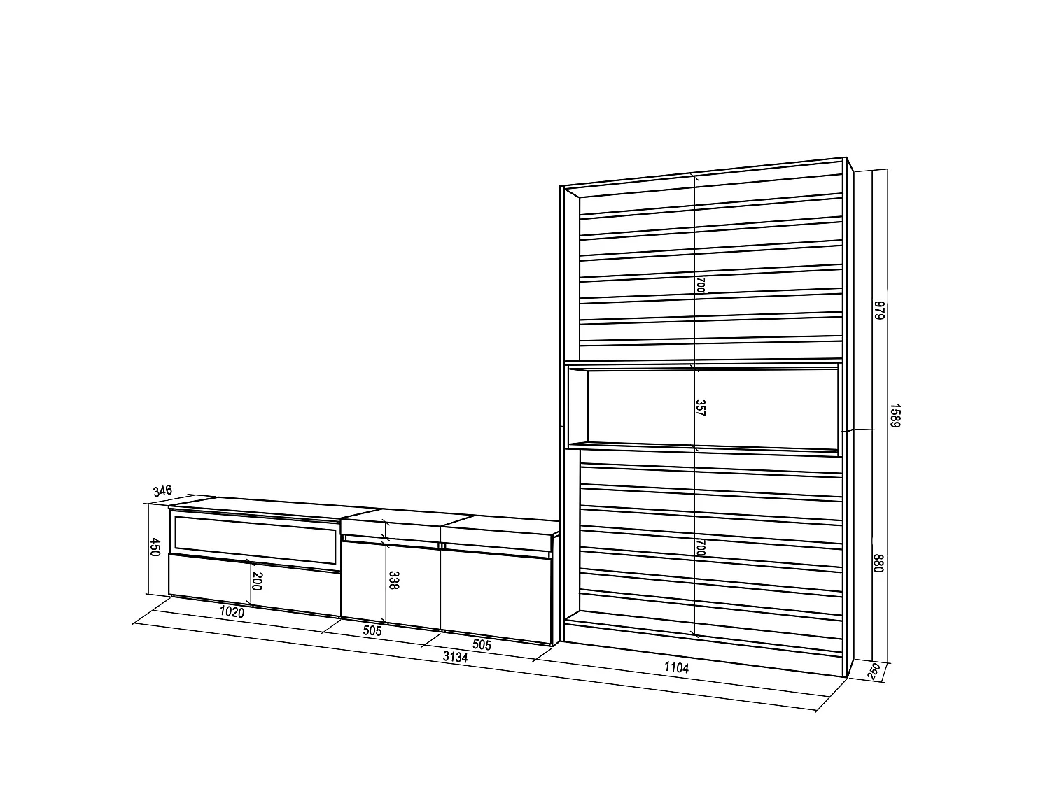 Conjunto de móveis TV, 310x35x186cm, Para televisores até 80", Estante para TV, Carvahlo e preto