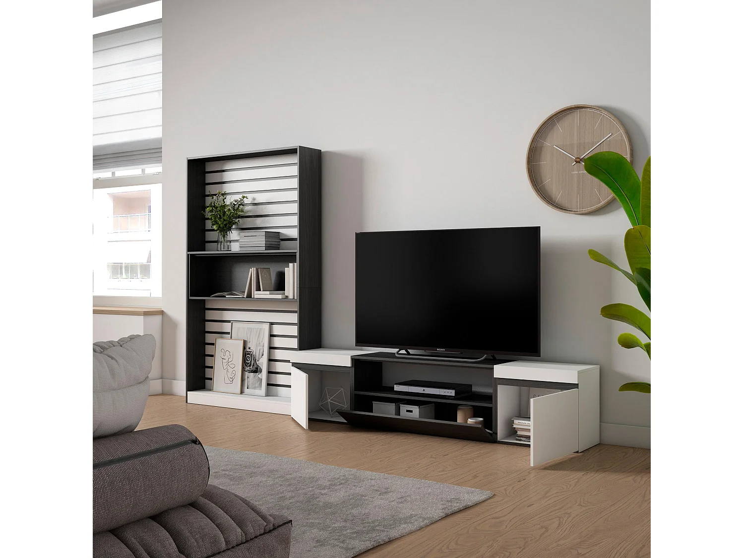 Meubels voor woonkamer, 310x35x186cm, Voor tv's tot 80", TV-Tafel, Wit en Zwart