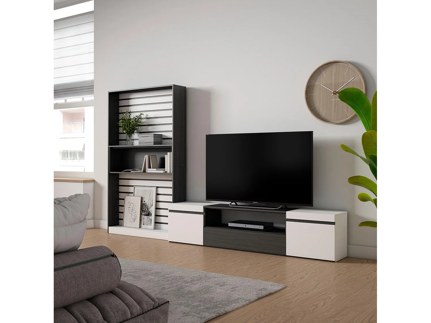 Ensemble Meuble TV, 310x35x186cm, Pour les TV jusqu'à 80", Salon Complet, Blanc et noir