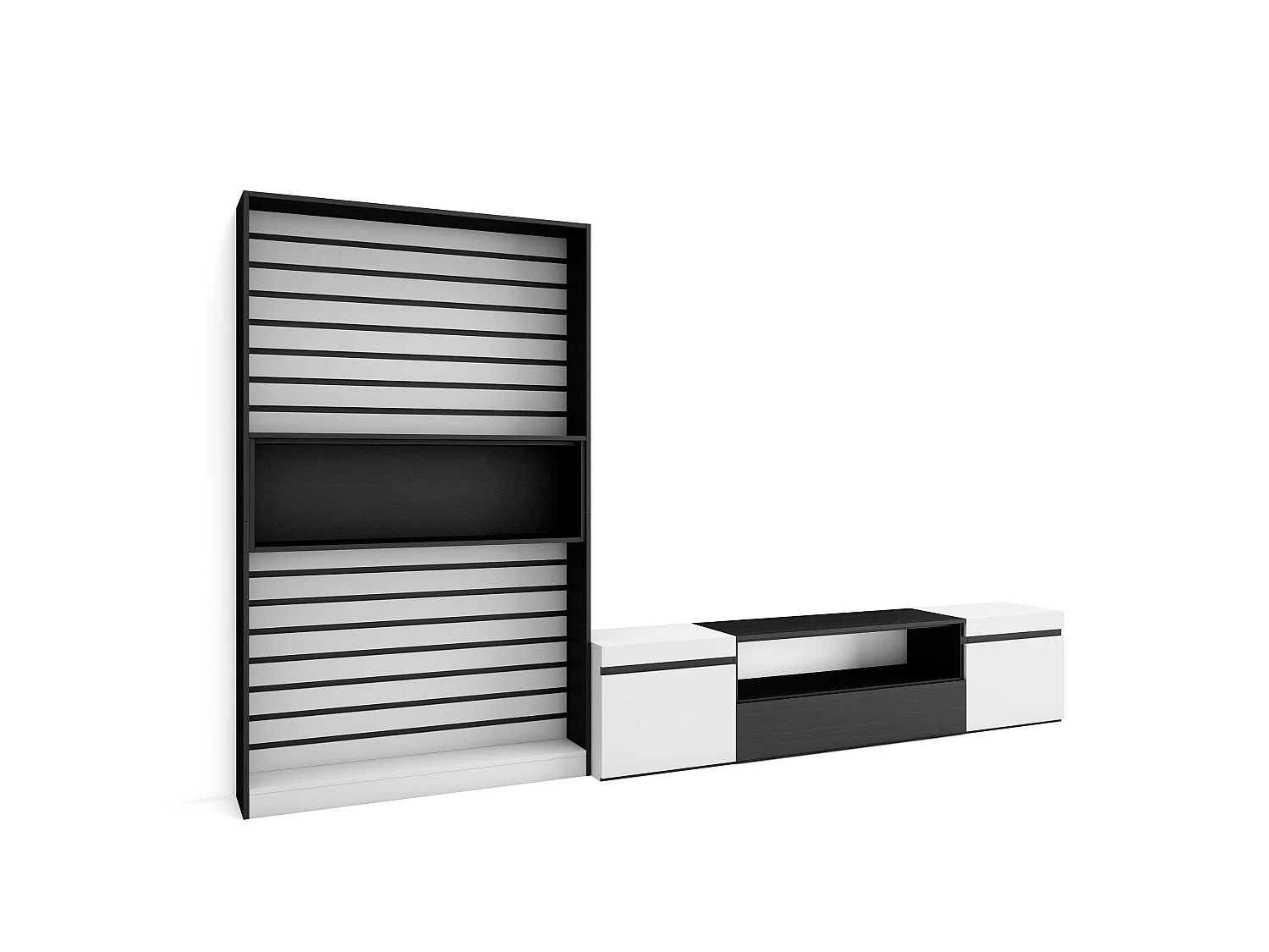 Wohnwand Wohnzimmer, 310x35x186cm, Für TV-Geräte bis zu 80", Wohnzimmer Möbel , Weiß und Schwarz