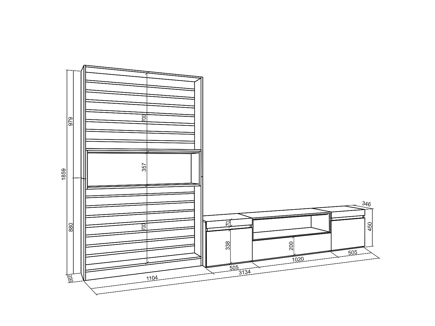 Wohnwand Wohnzimmer, 310x35x186cm, Für TV-Geräte bis zu 80", Wohnzimmer Möbel , Weiß und Schwarz