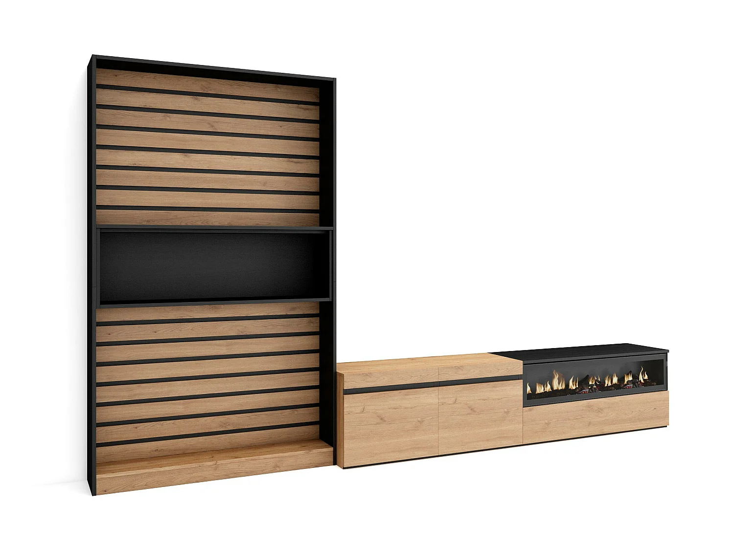 Meubels voor woonkamer, 310x35x186cm, Voor tv's tot 80", Elektrische haard, Eiken/Zwart