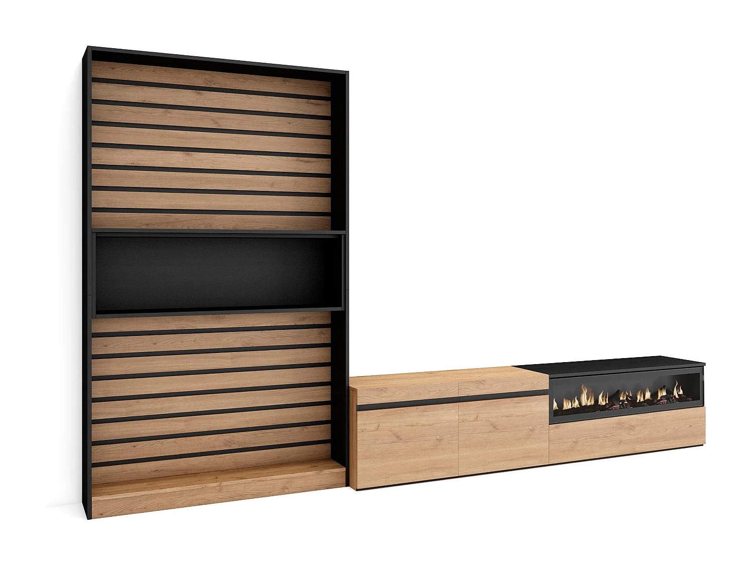 Ensemble Meuble TV, 310x35x186cm, Pour les TV jusqu'à 80", Cheminée électrique, Chêne et noir