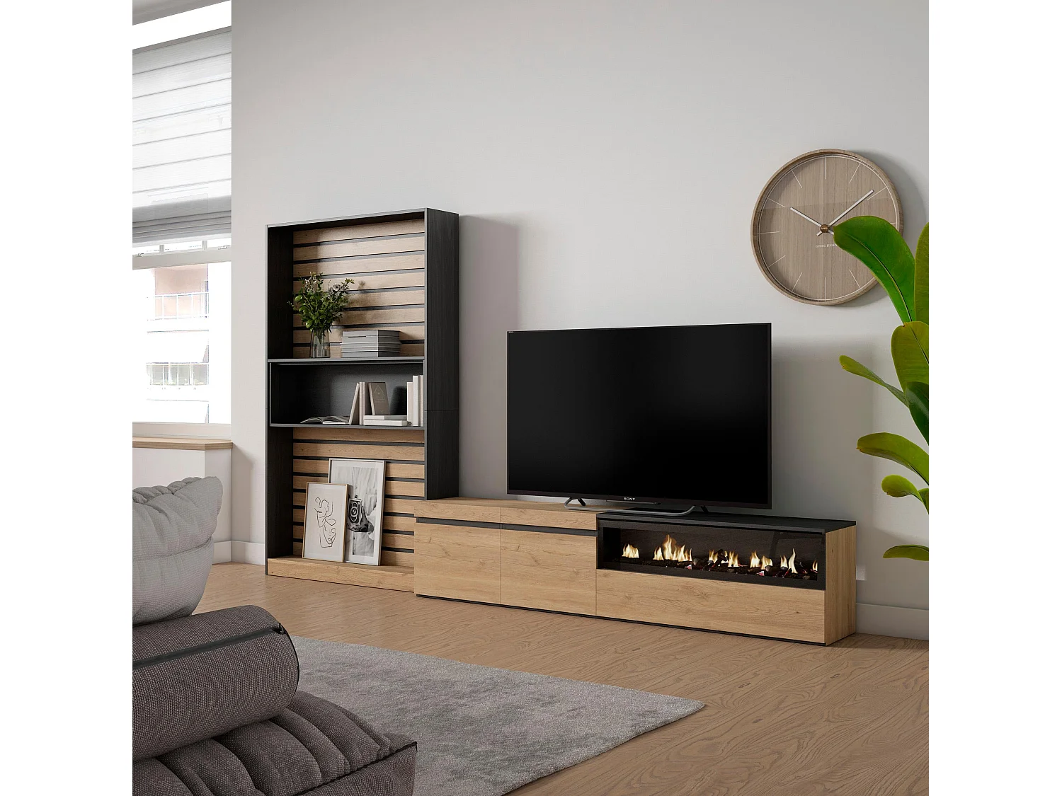 Conjunto de móveis TV, 310x35x186cm, Para televisores até 80", Lareira eléctrica, Carvahlo e preto