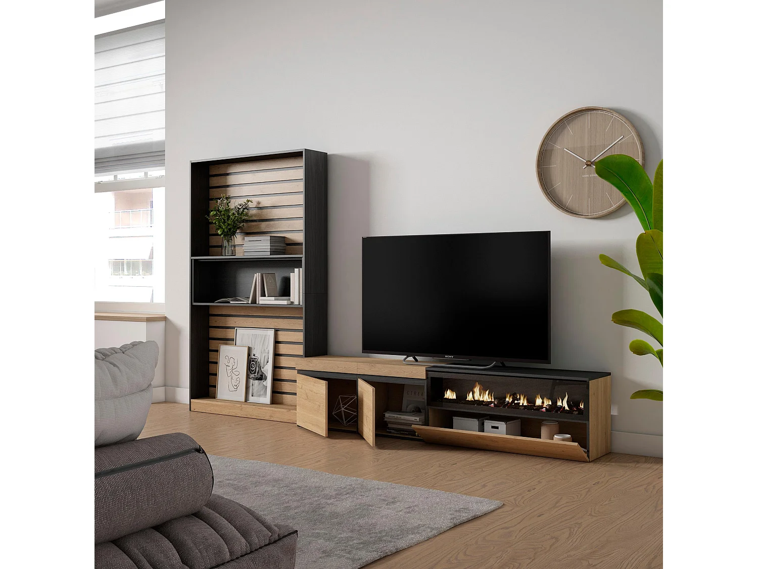 Conjunto de móveis TV, 310x35x186cm, Para televisores até 80", Lareira eléctrica, Carvahlo e preto