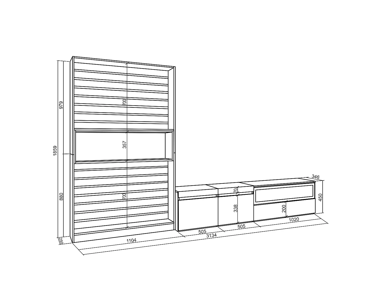 Conjunto de móveis TV, 310x35x186cm, Para televisores até 80", Lareira eléctrica, Carvahlo e preto