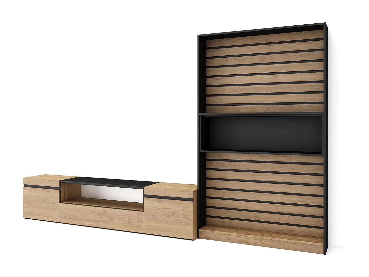 Ensemble Meuble TV, 310x35x186cm, Pour les TV jusqu'à 80", Salon Complet, Chêne et noir